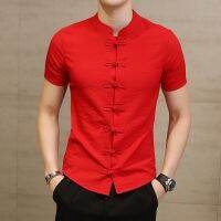 CODHaley Childe Chinese style Linen Shirt Slim Fit Casual Short Sleeves Button design Shirt for Men Blouse Solid