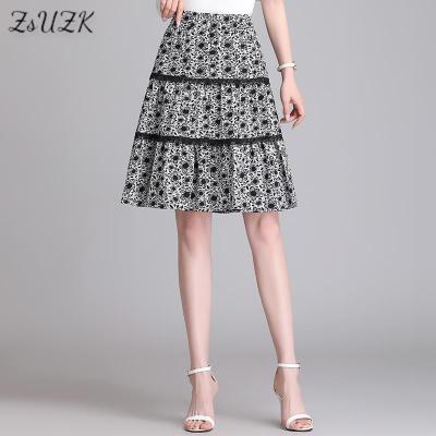 ZUZK Women Summer Retro Printed A-line Skirt  New Elastic High Wasit Simple Elegant Knee-Length A-Line Skirt Jupe