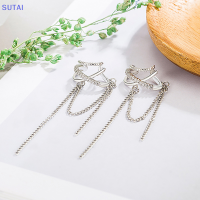 ?【Lowest price】SUTAI ต่างหูแบบหนีบติดหูหลายชั้นเพทายพู่ห้อยแบบไม่เจาะหูสำหรับผู้หญิงเครื่องประดับแบบเรียบง่ายเงางาม