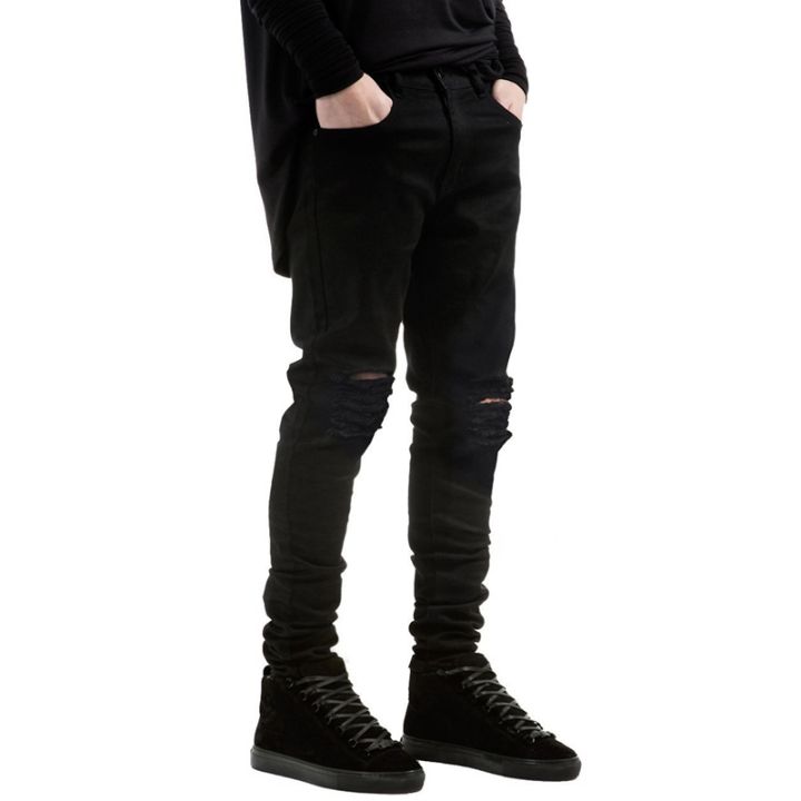 กางเกงขายาวแฟชั่นกางเกงยีนส์สีดำเปิดเข่ายืดสูงสำหรับผู้ชายกางเกงผ้ายืดฮิปฮอป