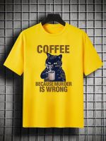 MenS Plus Size Coffee Because Murder Is Wrong Cat Drinking Coffee Print Plain Color Short Sleeve Crew Neck T-Shirt, Oversized