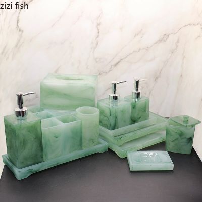 【jw】✔✓  Acessórios de banheiro verde esmeralda conjunto imitação jade suprimentos banho dispensador sabão portátil copo para boca ferramentas banho resina