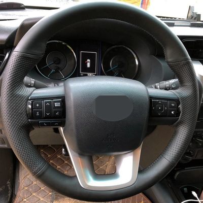 Black Genuine Leather Hand-Stitched Car Steering Wheel Cover Car Accessories For Toyota Fortuner 2016-2019 Hilux 2015-2019