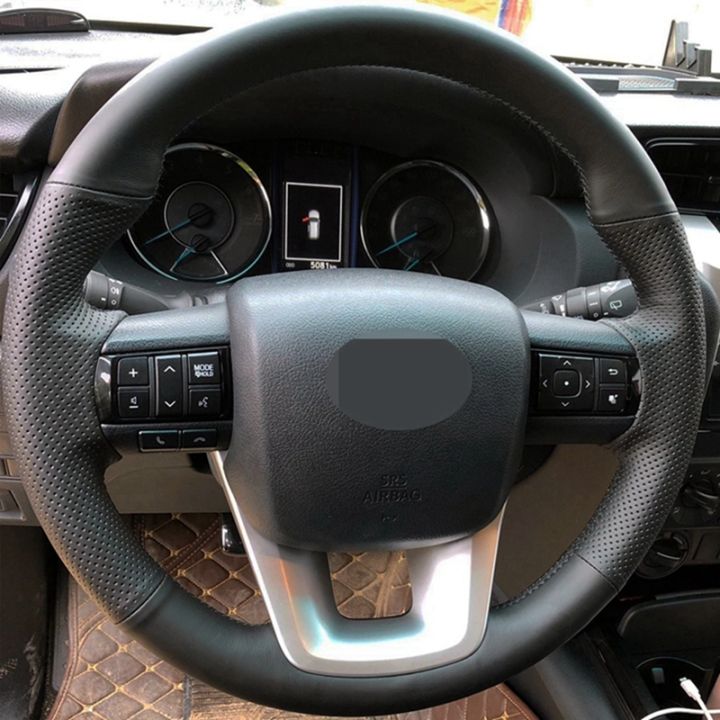 black-genuine-leather-hand-stitched-car-steering-wheel-cover-car-accessories-for-toyota-fortuner-2016-2019-hilux-2015-2019