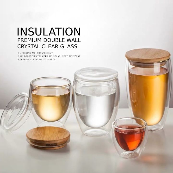 Double Glass Cup Coffee Mugs Heat-resistant Transparent Tea Cup With Wood  Lid