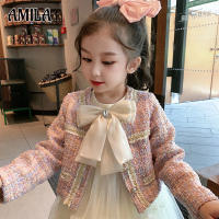 AMILA สาวใหม่แฟชั่นกลิ่นหอมขนาดเล็กเสื้อตาข่ายแขนยาวชุดโบว์เด็กชุดสองชิ้น