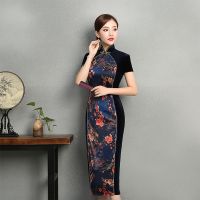 Chinese Dress Qipao Shanghai Tang Clothes Short Sleeve Velvet Cheongsam Dress Slit Robe Vintage Femme Black Vietnam Dress FF1554