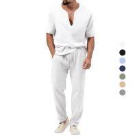 Ready Stock?? 2023 summer new Amazon independent station European and American mens solid color casual T-shirt short-sleeved shirt trouser suit