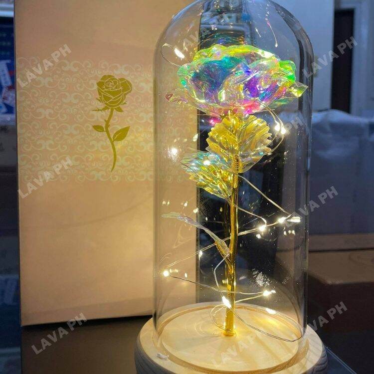Rose Beauty Led Beast And Glass Light Red Dome Enchanted Gift Silk Wedding G 