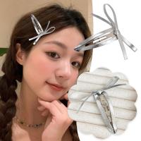 Korean Style PU Leather Silvery Hairpin With Bow Knot Line Mouth Popular Edge Clip One Edge Clip Elegant Duck Clip R0E2