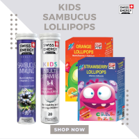 ( ส่งฟรี ) SwissEnergy Kids Multivitamins + Calcium 1 หลอด Lollipops รสส้ม สตอเบอร์รี่ 1 Sambucus 1 อาหารเสริม เสริมภูมิต้านทาน แคลเซียม