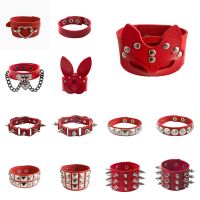 2023 Punk Gothic Goth Rivet Skull Wrap Bracelet Women Girls Gift Harajuku Vintage New Red PU Leather Bracelet Jewelry