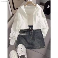 Summer suit women 2023 new large size womens temperament all-match shirt cover meat suspenders denim short skirt three-piece set