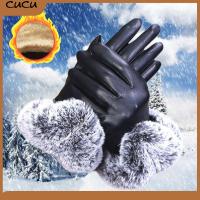 CUCU Women Windproof Thicken Warm Waterproof PU Leather Faux Fur Gloves Cashmere Gloves Touch Screen Mittens