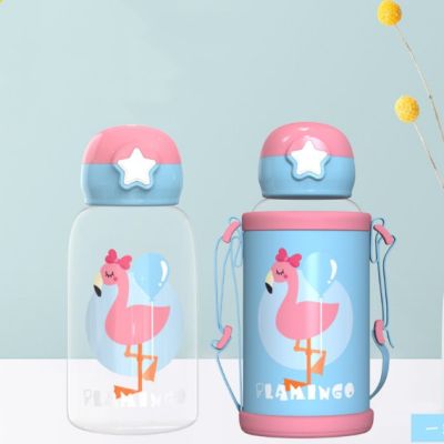 700ml Kids Bottle Forest Animal Water Bottles Baby Cartoon Deer Flamingo Plastic Drinking Bottle with Straw Children Strap Cups