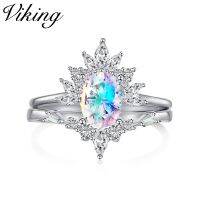 Viking แหวนเงินสเตอร์ลิงสำหรับงานแต่งงานของผู้หญิงเงิน S925ลายม้ามูนสโตนชุดเซอร์โคเนียสีวงรีดีไซน์แหวน