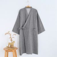 Mens Japanese Kimono Nightgown Bathrobe Upwear Washed Cotton Color Textile Homewear