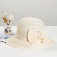 New Women Straw Hat Sweet Bow Pearl Pendant Sunhat Summer Large Wide Brim UV Protection Cap Female Basin Caps Sunshade Bonnet