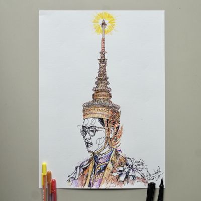 ภาพวาดในหลวง ร 9 ทรงราชย์ LZ-K006 ภาพวาดลายเส้นปากกาหมึกซึม งานปริ้นท์เลเซอร์