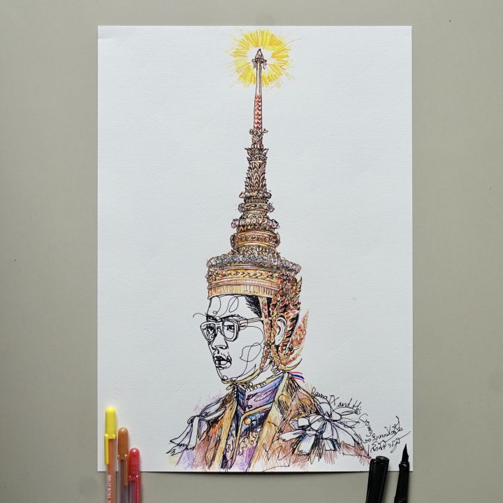 ภาพวาดในหลวง-ร-9-ทรงราชย์-lz-k006-ภาพวาดลายเส้นปากกาหมึกซึม-งานปริ้นท์เลเซอร์