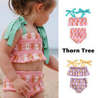 Thorn Tree 2 ชิ้นเด็กสาวชุดบิกินี่ผูกเชือก Ruffled Camisole กับกางเกงจีบพิมพ์ดอกไม้ชุดว่ายน้ำ