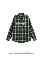 American retro letter embroidery color-block plaid long-sleeved shirt mens trendy brand loose couple thin coat 【BYUE】