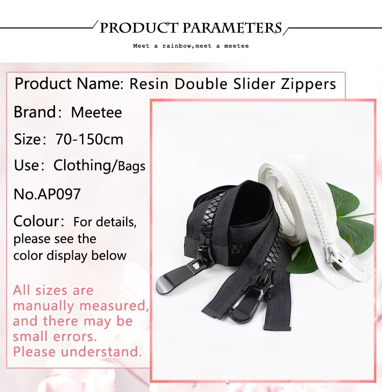 Double Slider Resin Zipper, Single Puller, Open-End, Roupas