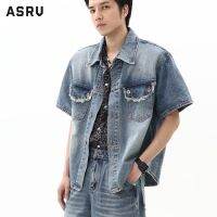 ASRV เสื้อสีทึบแขนสั้นผู้ชายรู้สึกออกแบบแฟขั่นคู่เสื้อเดนิมใหม่