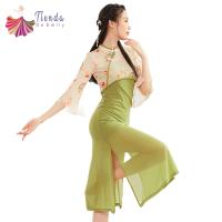 【CW】 Chinese Classical Dance Women Gauze Long Sleeve Camisole Cheongsam Dancer Clothes Adult Body Rhyme Clothing Green Hanfu Qipao