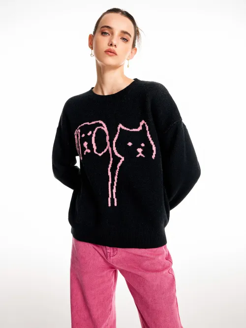 Cider Cat & Dog Pattern Sweater Lazada.co.th