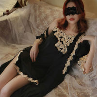 New High Slits Pajamas Women Sleepwear Nightwear Bathrobe Summer Ice Silk Lace y Sling Nightdress Robe Lounge Set Lingerie