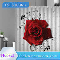 Rainy Red Rose 3D Printing Bath Curtain ม่านอาบน้ำตกแต่งบ้านผ้าม่านติดผนังโพลีเอสเตอร์กันน้ำพร้อมตะขอ 180 * 180 ซม