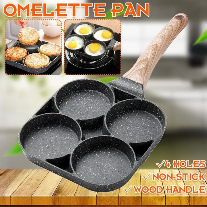 4 Holes Non-stick Egg Fry Pan Pancake Egg Burger Pan With Wooden Handle 