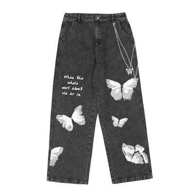IEFB mens wear Tide butterfly graffiti printed metal chain decorative denim trousers wide leg straight pants male high street