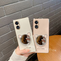 Phone Case เคส OPPO A38 4G สุดฮ็อตฝาครอบป้องกันเลนส์สีลูกอมแบบนิ่มพร้อมกระจกแต่งหน้าหูแมว OPPOA38เคสโทรศัพท์4G 2023