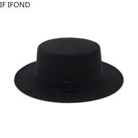 Women Men Flat Top Hat Wide Brim Felt Fedora Hat Winter Autumn Imitation Woolen Round Simple Church Derby Jazz Hat