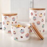 Storage Jars Cookies Nuts Wood-Covers Seal Coffee-Tea Ceramic Cake-Print Candy Kitchen