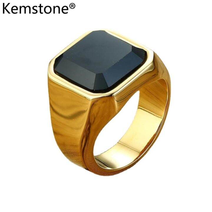 Kemstone Fashion Stainless Steel Black Agate Silver Gold Rings For Men