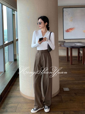 HengShanYuan กางเกงสูททำงานผู้หญิง,กางเกงลำลองแฟชั่นเอวสูงกางเกงขาม้าตรง