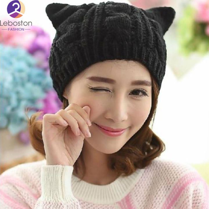 leboston-หมวก-ผู้หญิงถักหมวกฤดูใบไม้ร่วงฤดูหนาวอินเทรนด์สีทึบหูแมวน่ารักสายถักหมวกหมวก