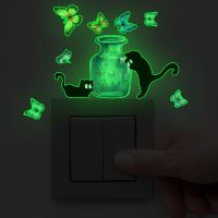 Glow in the Dark Two Black Cat with Colorful Butterfly Playing Light Switch Sticker Luminous Wall Stickers for Home Decration Wall Stickers Decals