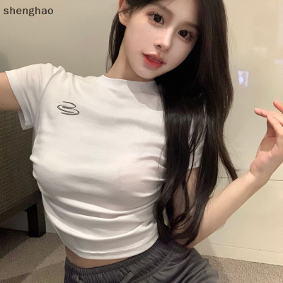 shenghao เสื้อยืดแขนสั้นพิมพ์ลายตัวอักษรสุดชิคคอกลมของผู้หญิงเสื้อครอปเพรียวบางสไตล์อเมริกันเซ็กซี่