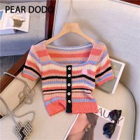 PEAR DODO เสื้อถักแขนสั้นสำหรับผู้หญิงคอสี่เหลี่ยมสไตล์เกาหลีลายทาง