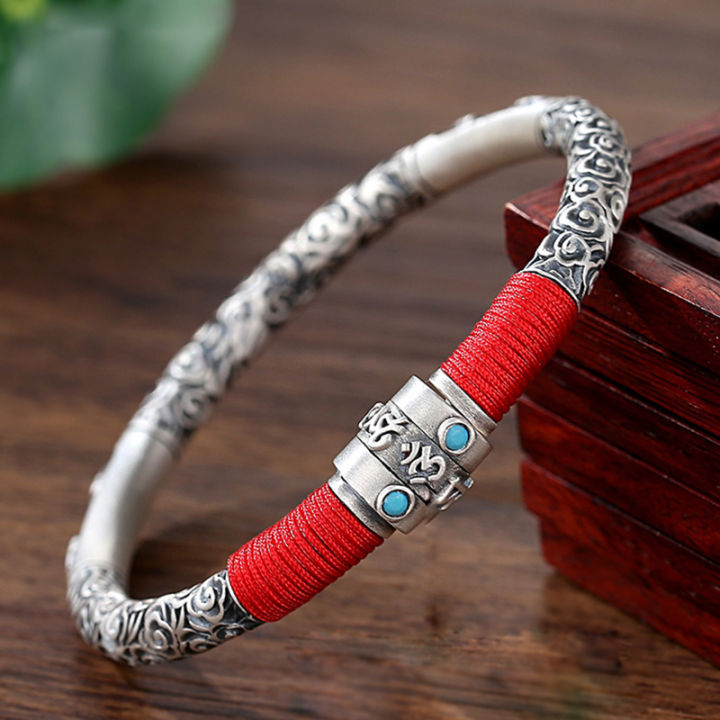 new-auspicious-cloud-six-character-mantra-silver-bracelet-female-vajra-red-string-bracelet-adjustable-opening-for-mens-jewelry