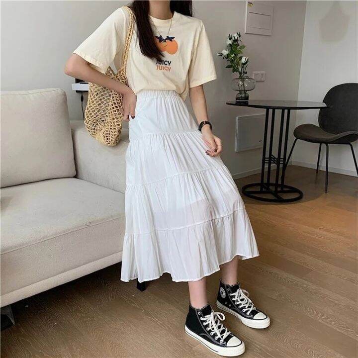 spring-summer-women-chiffon-skirts-vintage-high-waist-elastic-patchwork-white-black-chic-long-cake-a-line-skirt-for-student