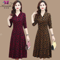 Huax Women Large Size Slimming Dress Elegant High Waist V-Neck Long Sleeves Floral Party Dress