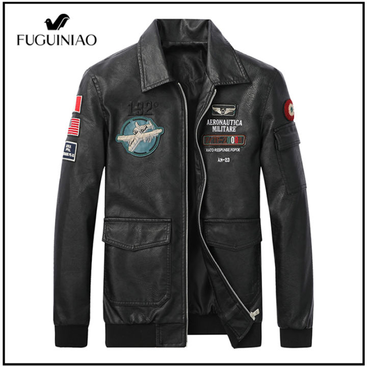 fuguiniao-ชายเสื้อโค้ทหนังพียูเสื้อแจ็คเก็ตรถจักรยานยนต์สไตล์ลำลองชายเสื้อแจ็คเก็ตมีปกสำหรับชายสีดำ-overcoat