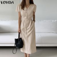 ✤ VONDA Women Korean Summer V Neck Short Sleeve Solid Color Tunic Casual Long Dress