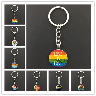 Fashion Love is Love LGBT Rainbow Flag Support and Pride Glass Cabochon Keychain Bag Car Keychain Jewelry Keychain Gift Key Chains