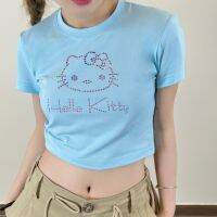 Hellokitty เสื้อลำลองแขนสั้นสำหรับผู้หญิง,เสื้อพลอยเทียมคอกลมธรรมดา